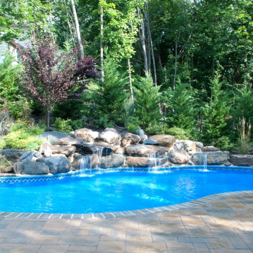 Gunite pool surrounded by lush greenery and natural rock waterfall, showcasing a serene outdoor environment for EverClear Pools & Spas.